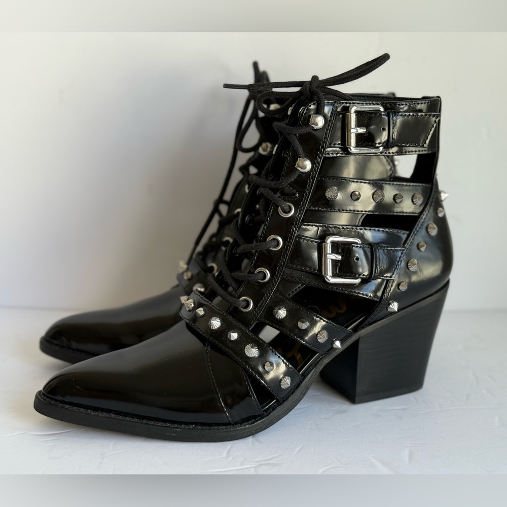 Sam Edelman Black Studded Lace-Up Boots - Picture 2 of 13